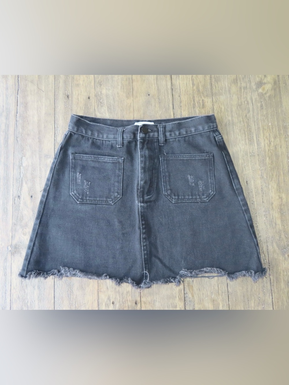 Sage Black Denim Mini Skirt with Button Waist